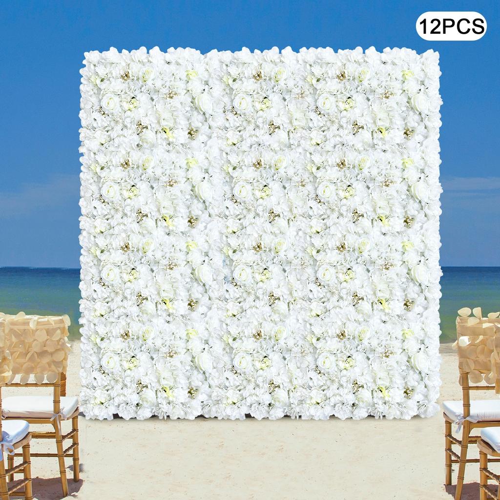 12PCS Wall Mounted Artificial Silk Flower Wall Panels, Elegant White Dahlia Rose Hydrangea Backdrop for Wedding Party Home Decor