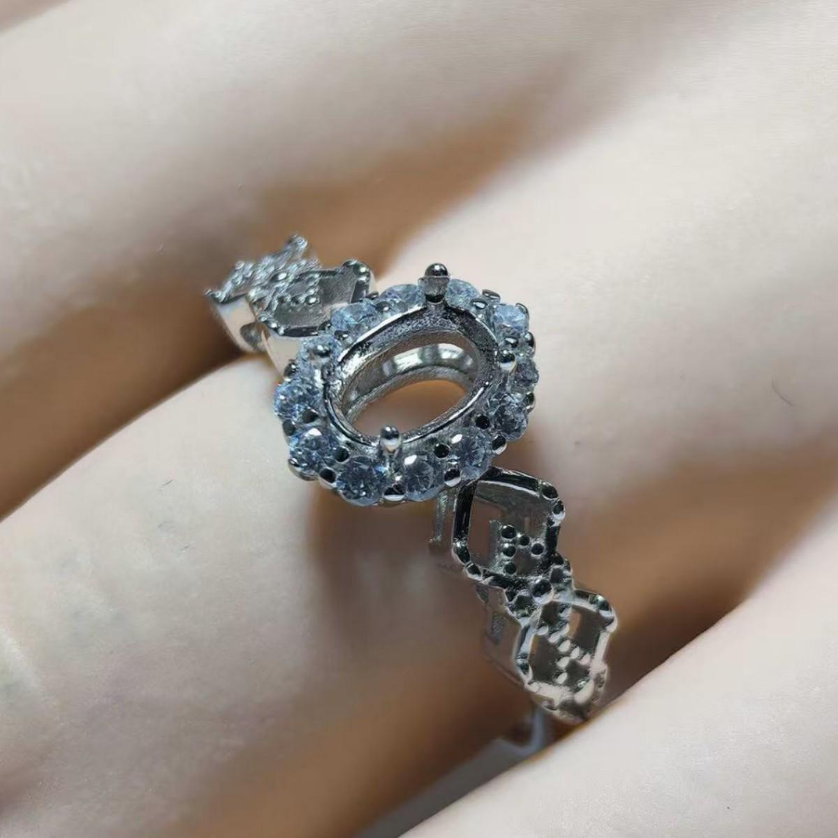 S925 Sterling Silver Lace Gem Ring with 4x6mm Hollow Setting Adjustable Opening