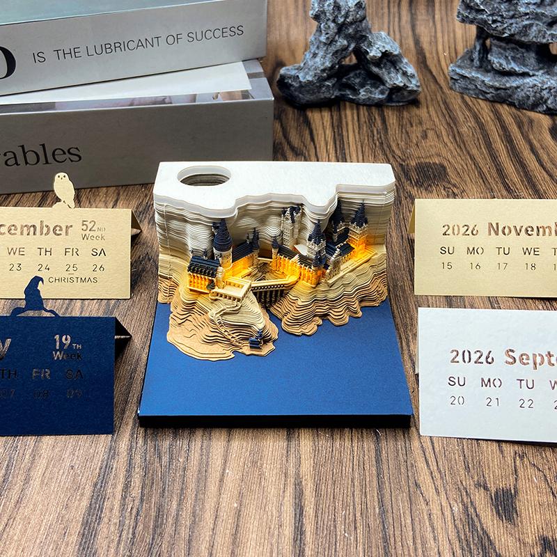 Time Piece Calendar 2026 Desk Calendar With Led Light 3D Tear-Away Calendar Paper Carving Art Memo Pad Notepad Gift Christmas