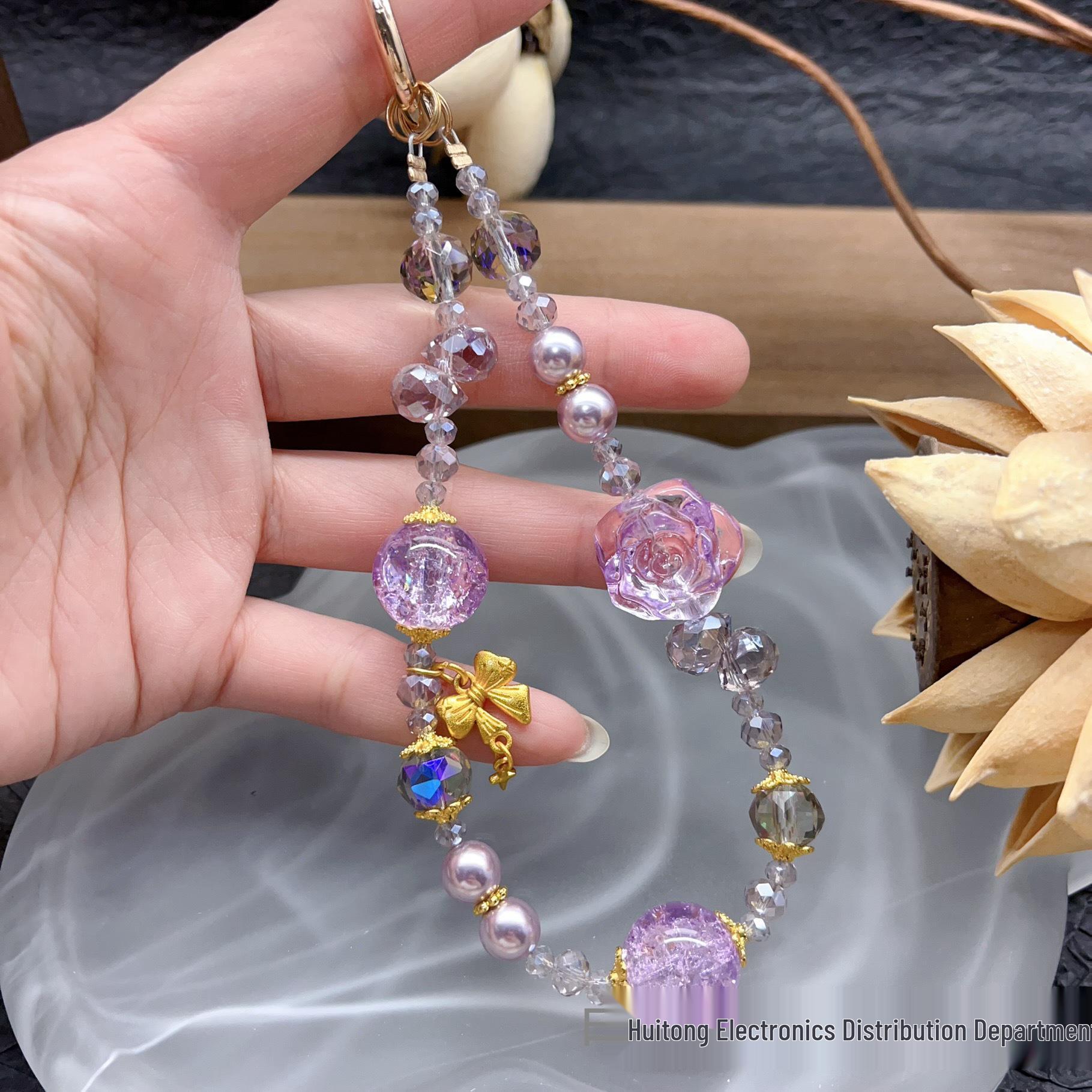 Handmade Retro Flower Crystal Phone Lanyard & Keychain - Transparent Rose Beaded Charm for Bags