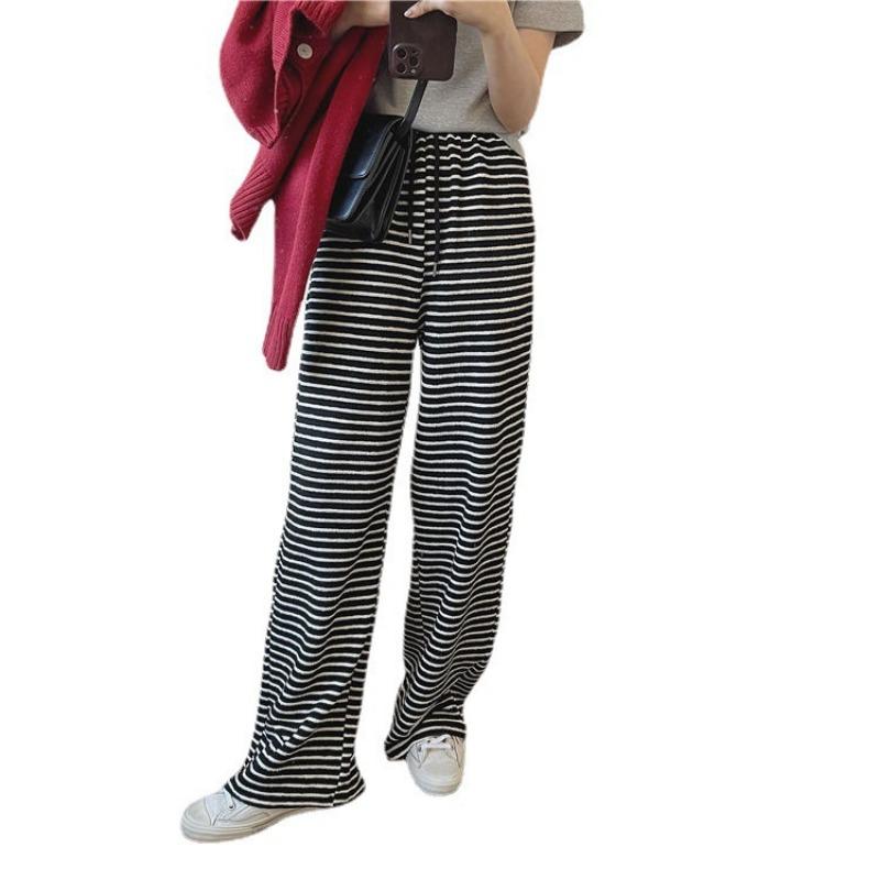 Black and White Striped Wide-leg Pants Women's High Waist Drape Walking Pants Loose and Thin Casual Towel Pants High Elastic and Comfortable