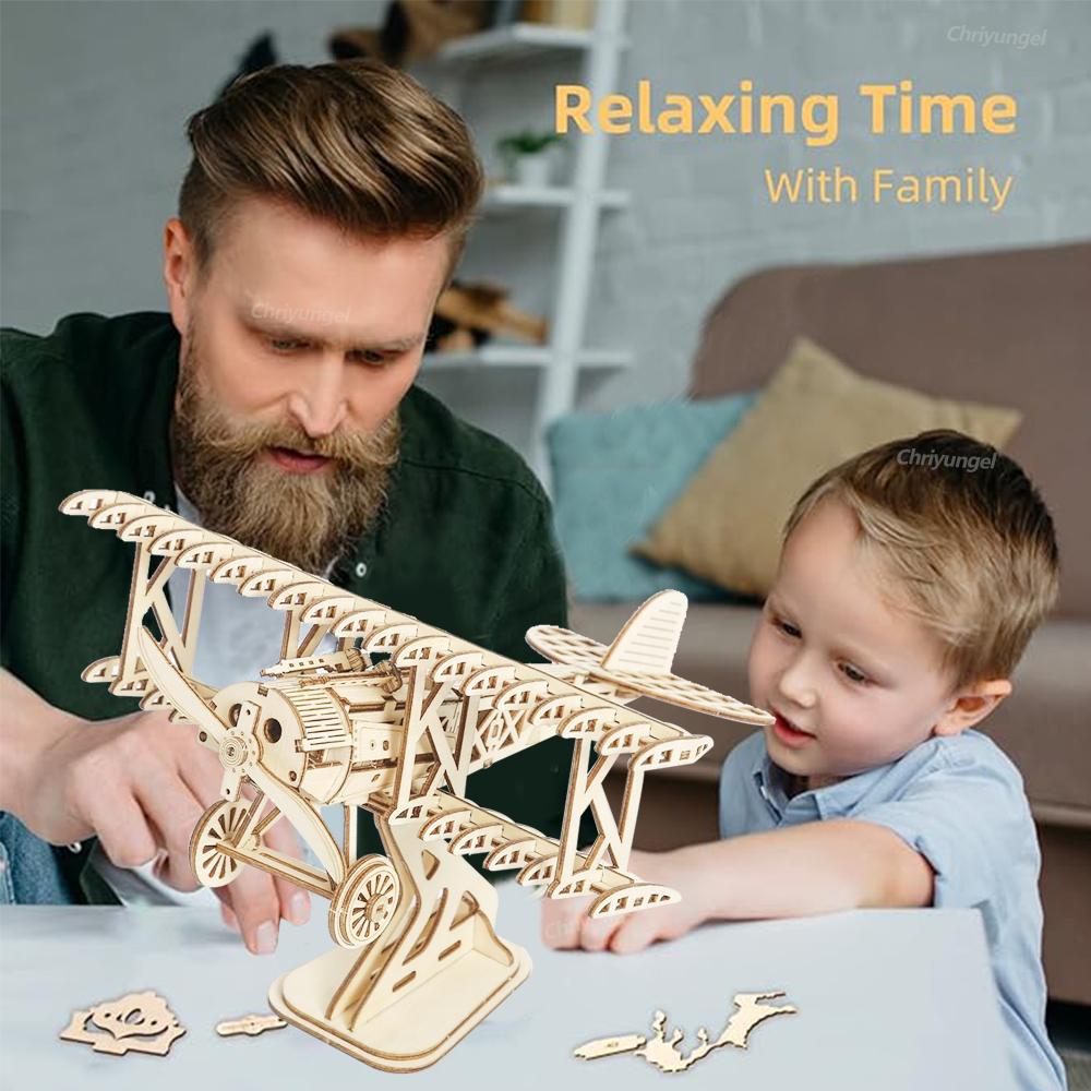 3D Wooden Puzzle Bi-Plane Aircraft Model Kits DIY Assembly 3D Puzzle for Adults Teens Brain Teaser Home Decor Crafts