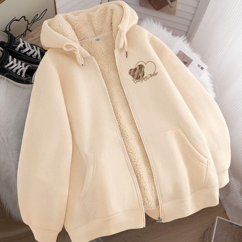 Unisex Hooded Zip-Up Fleece-Lined Cardigan - Warm Winter Lamb Wool Jacket (Apricot)