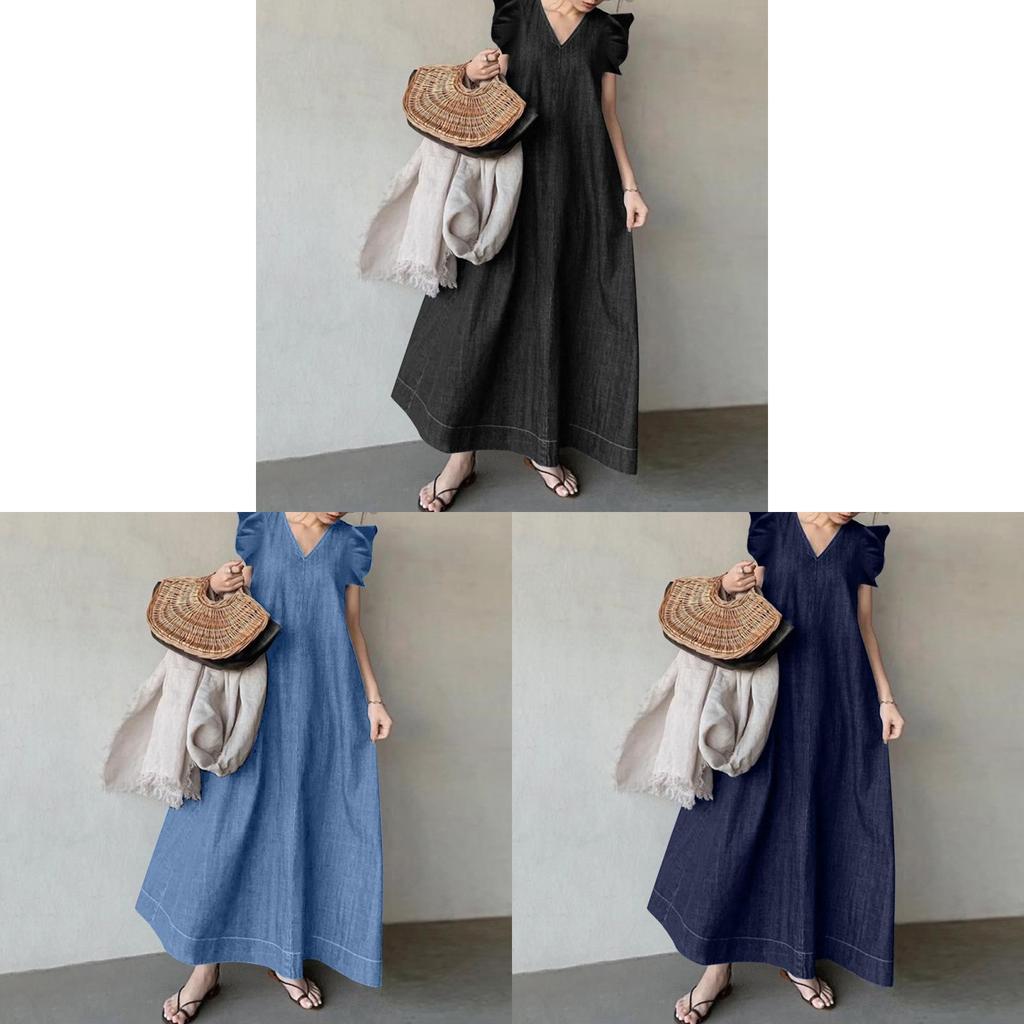 Bohemian Denim Dress With Pockets And V Neck For Summer Casual Wear