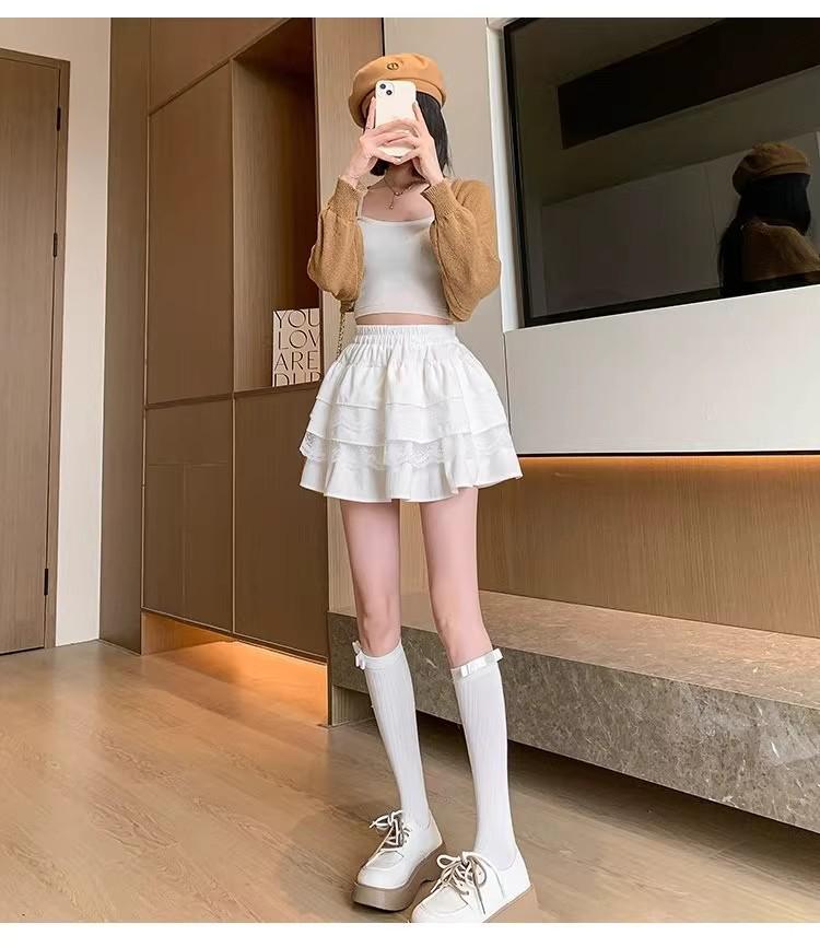 White Lace High-Waisted A-line Pleated Petite Ballet Skirt for Women - Spring/Autumn Short Fluffy Half Skirt