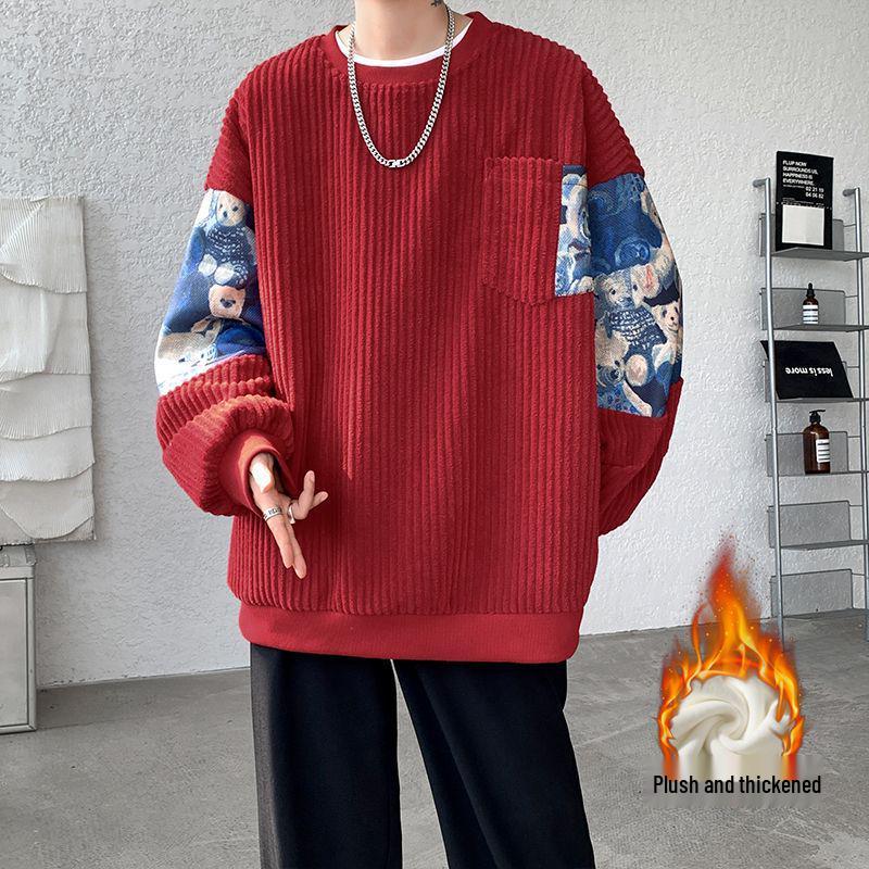 Men's White Corduroy Hoodie with Little Bear Embroidery, Heavyweight Plus Velvet, New Chinese Style, Thickened for Autumn/Winter.