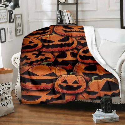 Halloween Kürbis&Horror Geist bedruckte Decke, modische warme Flanelldecke, Sofabett Überwurfdecke, Halloween Geschenke#