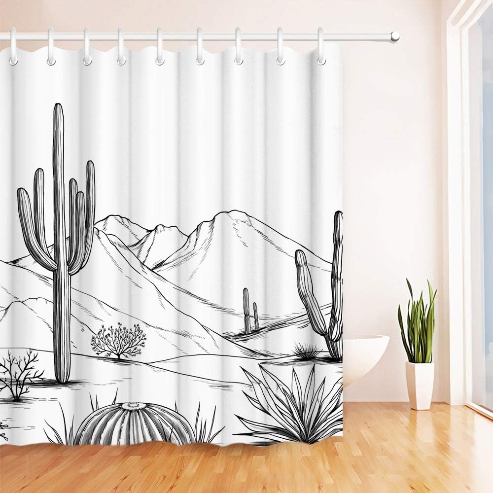 

Western Shower Curtain Aztec Cactus Desert Shower Curtain Black White Bathroom Decoration With Hook Waterproof Fabric W60H190(CM)-1 Pcs