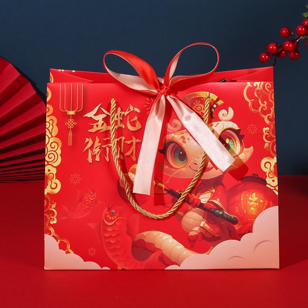 

Традиционная сумка-тоут Сумка на руку Праздник весны Креативный красный подарочный бумажный пакет Новогодние товары 36x25x12.5cm-Golden Red Ribbon