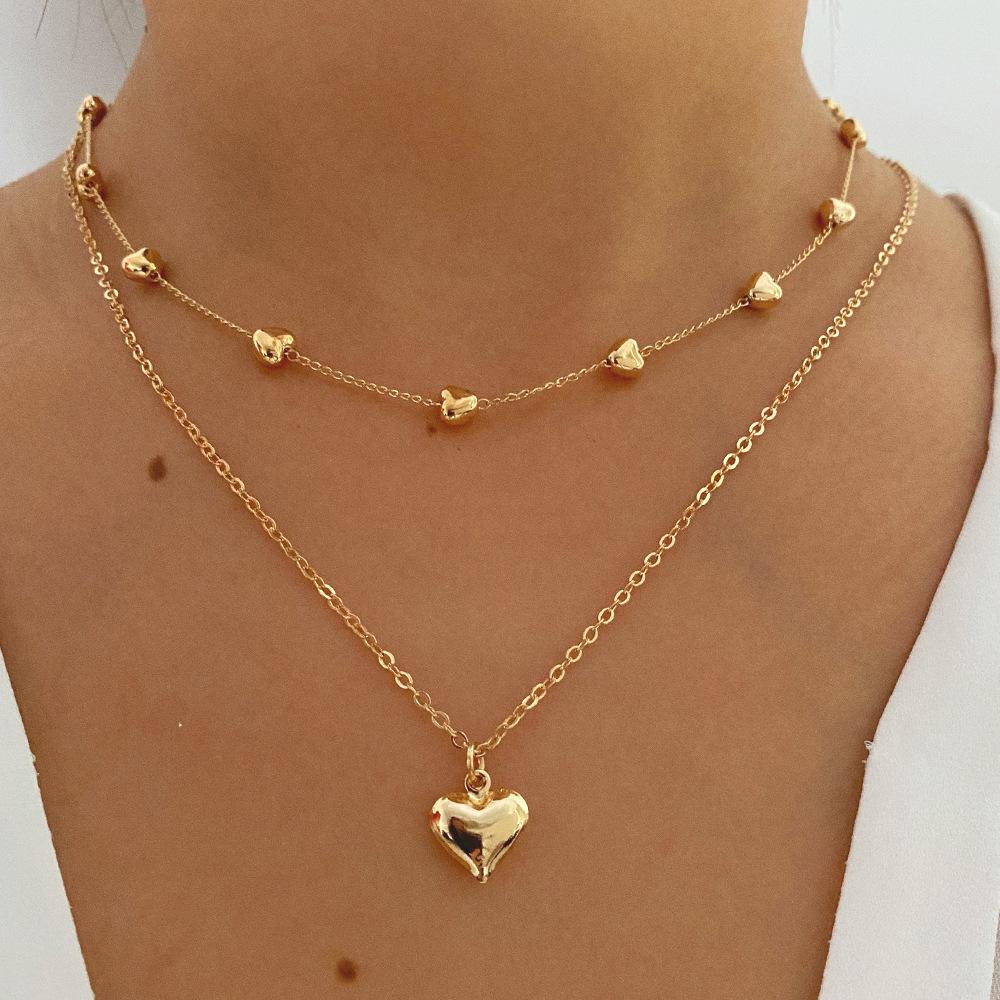 Korean Sweet Temperament Double-Deck Gold Color Love Pendant Necklace Ladies Birthday Wedding Jewelry Accessory Gift