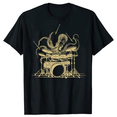 Funny Drummer Octopus Drumming T Shirts Unisex Women Pure Cotton Humor Streetwear Tee Shirt Short Sleeve Unisex Loose Clothing