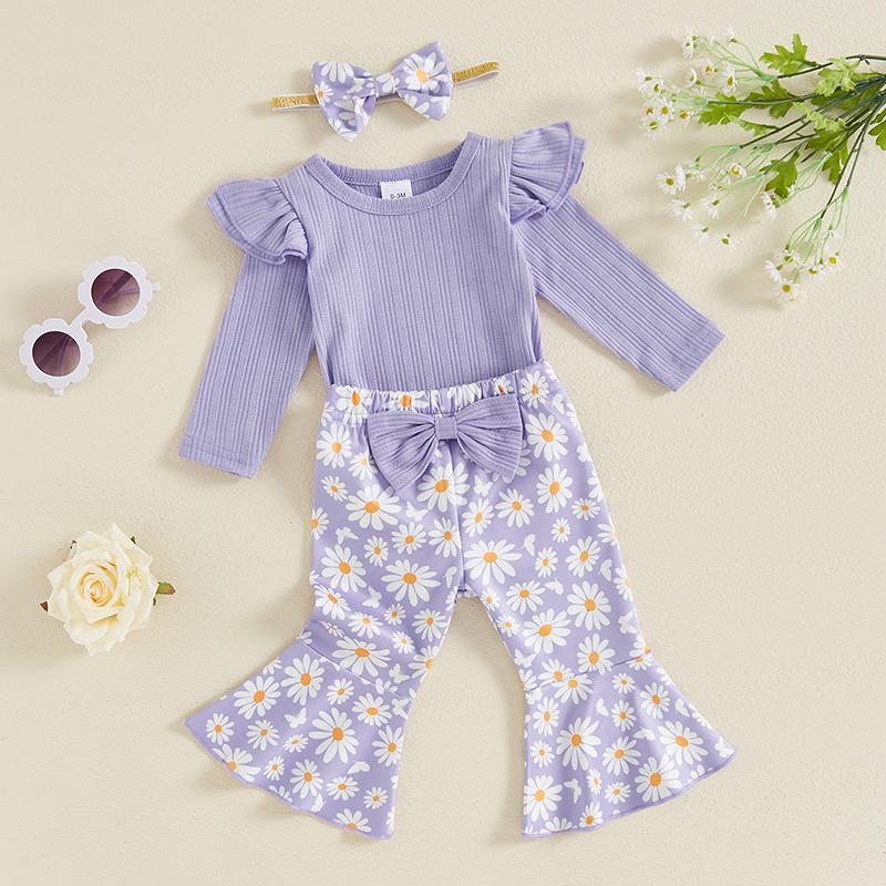 Baby Girl 3 Piece Fall Outfit Long Sleeve Ribbed Romper Daisy Flare Pants Bow Headband