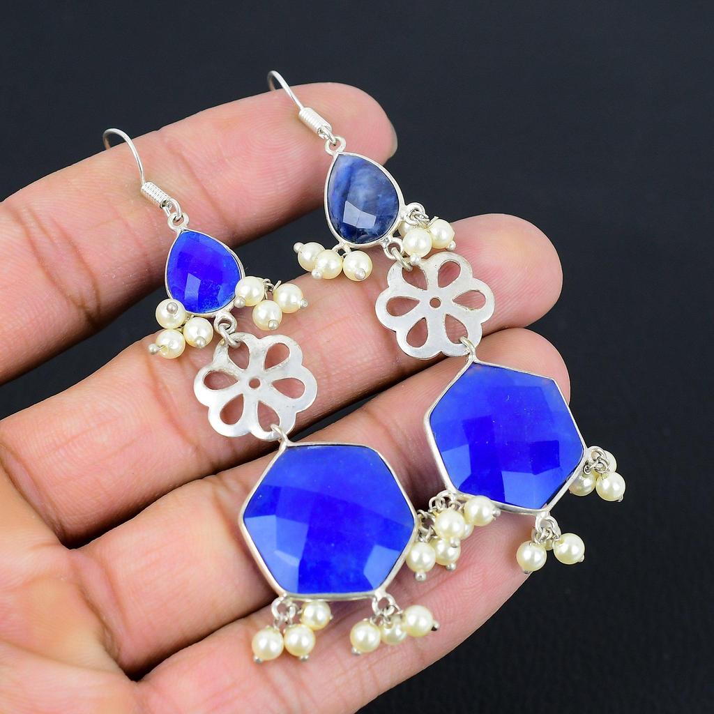 Daughters Day Deal Blue Sapphire Gemstone Drop Wife Earrings 925 Sterling Silver