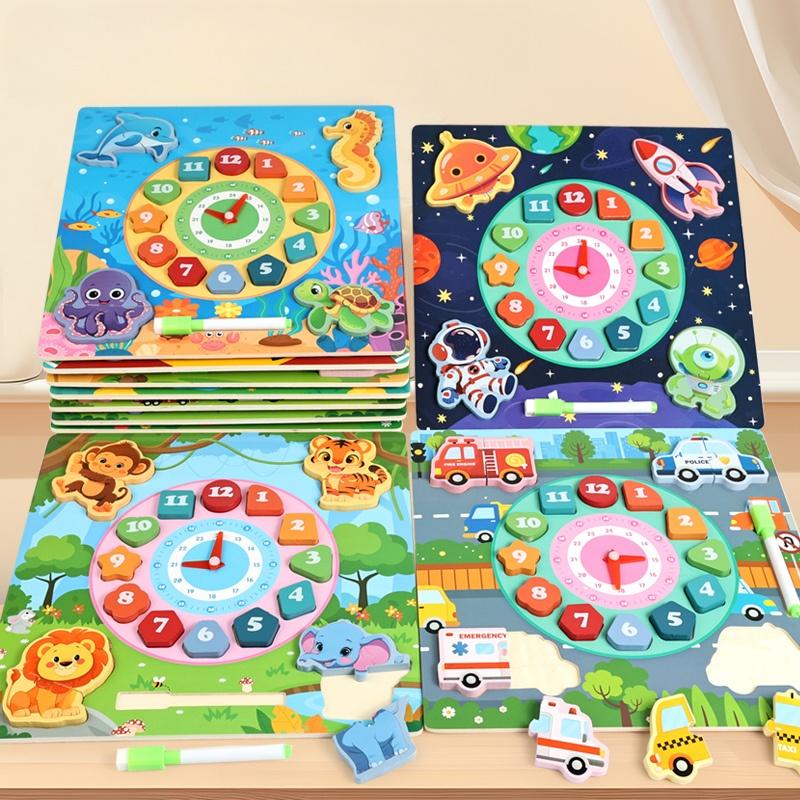 Montessori Toys Wooden Creative 3D Puzzle Building Block Tangram Jigsaw Early Education Kids Cognition Time Learning Teaching