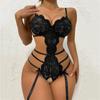 Hot Lace Bodysuit Babydoll Pajamas Set Garter Deep V Open Bra Crotchless Women's See-Through Corset Sex Lingerie Exotic Apparel