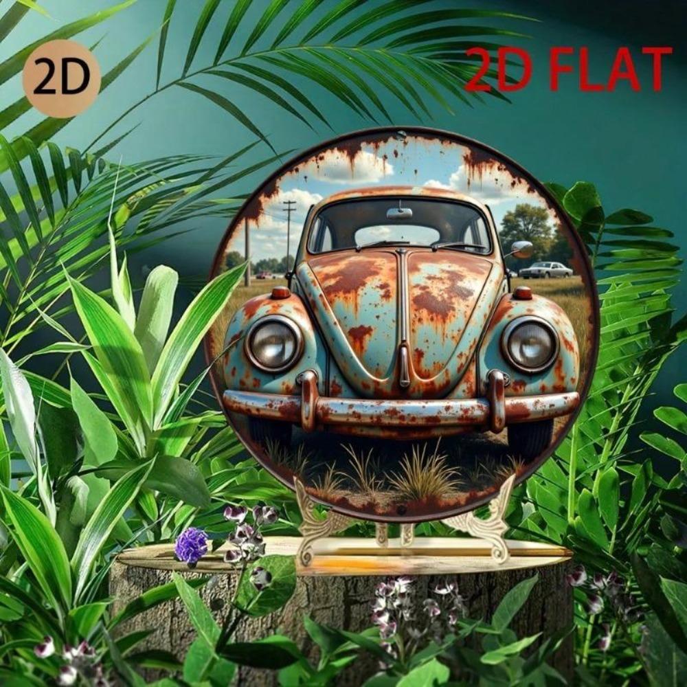 Vintage Car Rusty Metal Tin Sign 2D Round Retro Garage Cafe Wall Decor