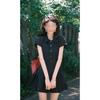 Polo collar black Hepburn style short-sleeved shirt dress women's summer college style waist pinch thin pleated A-word short skirt