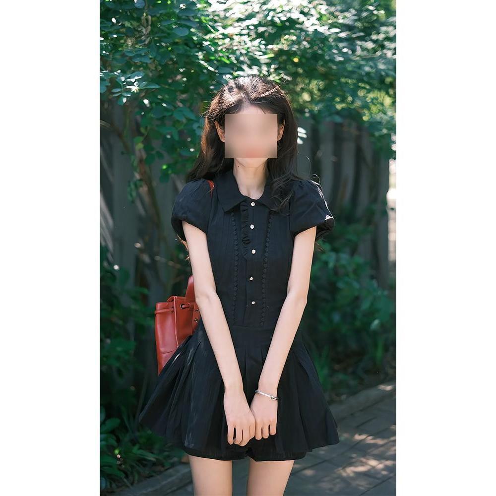 Polo collar black Hepburn style short-sleeved shirt dress women's summer college style waist pinch thin pleated A-word short skirt