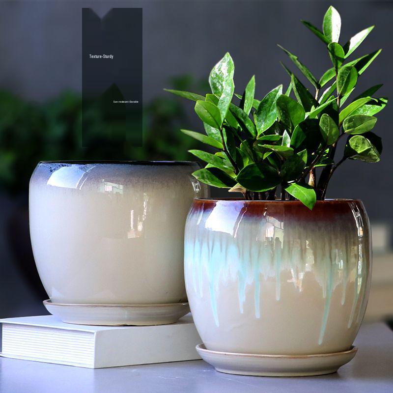 Breathable Ceramic Flower Pot with Tray for Gardenia and Succulents, Chinese Style, Large and Durable for Balcony Use.