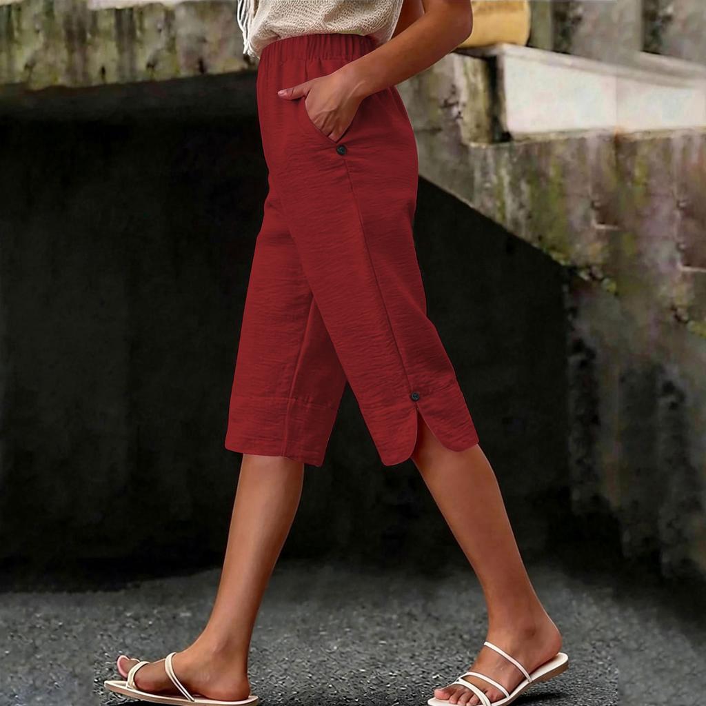 Pantaloni Caprid da Donna Vita Alta Casual Estivi con Tasca Laterale