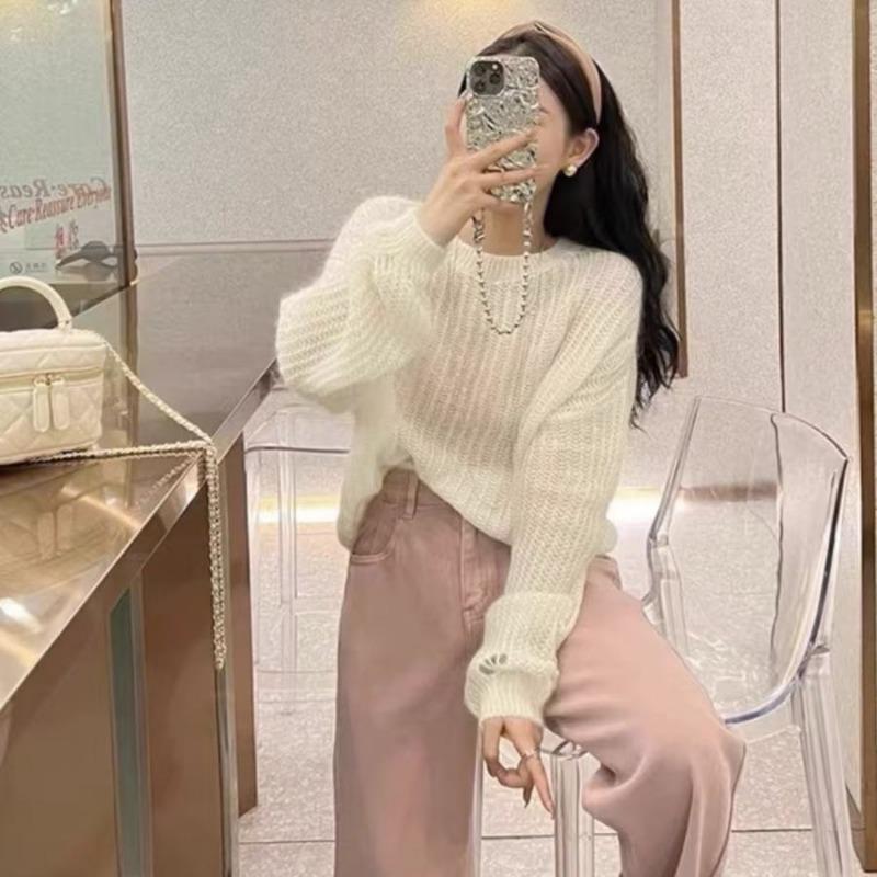 

Весенне-осенний свитер с круглым вырезом для женщин, свободные повседневные простые топы, женские однотонные модные свитера, женская одежда 3662 One Size бежевый