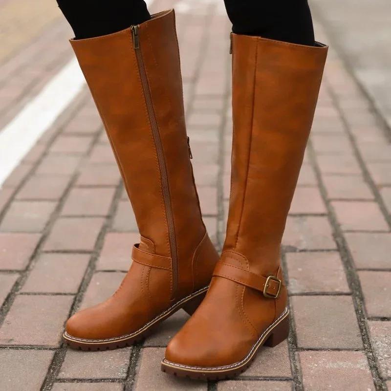Women Leather Knee High Boots Women's Buckle Long Knight Boots Female Combat Boots Women Low Heels Shoes Plus Size 43