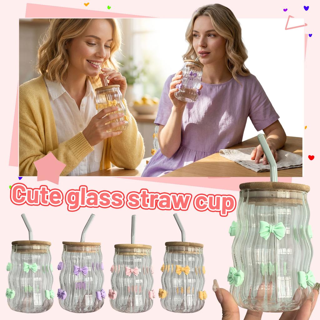 Bowknot Glasses Ribbed Glass Cups With Lids Straws And Bow For Iced Coffee 15oz Ideal Wavy Coffee Cups With Straws Glass Clear Ribbed Glasses