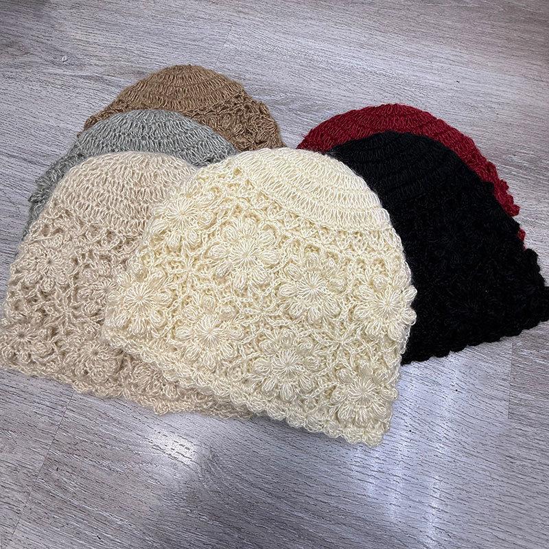 Handmade flower bag head hat female face small literary versatile pile hat winter cold warm knitted wool hat