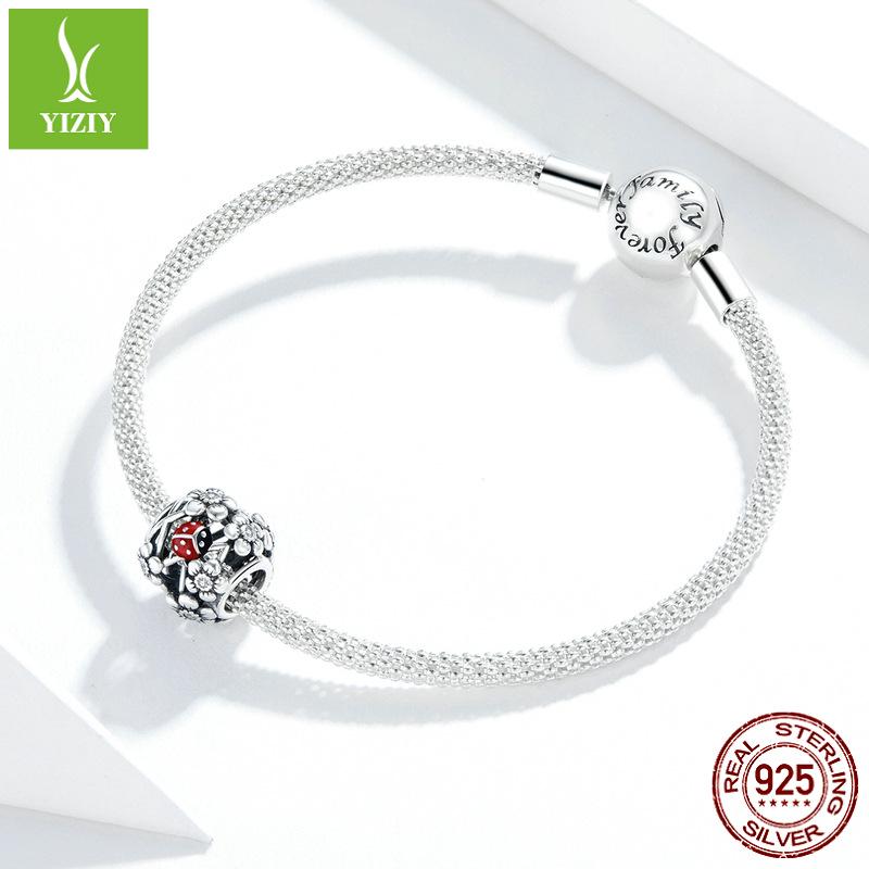 Trädgårdsfe S925 Sterling Silver Nyckelpiga Pärlor DIY Armband SCC1641