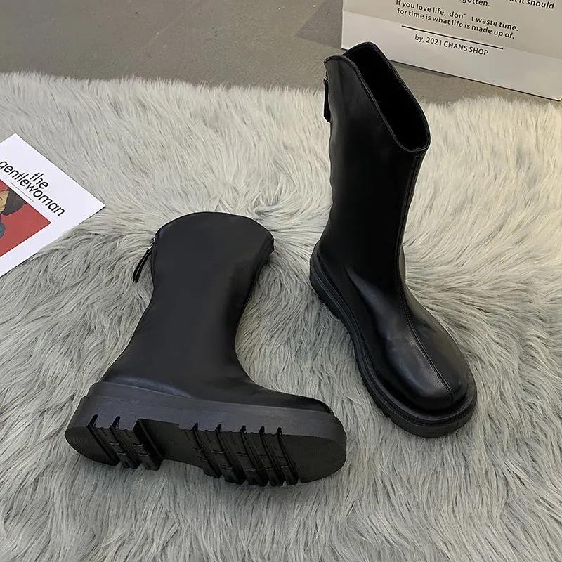 Autumn and winter new fashionable versatile flat-bottomed thick-soled thin boots 2025 post-zipper velvet medium tube Martin boots tide