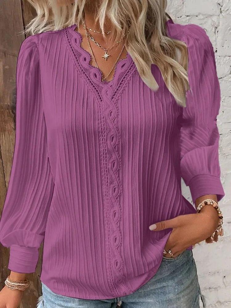Fashion Lace Patchwork Blouse Elegant Womens White Shirt Long Sleeved V Neck Loose Fitting Office Casual Tops