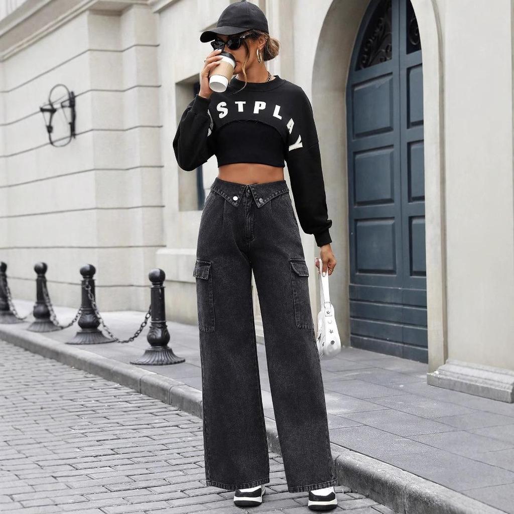 In-Stock Women's European & American Style Casual Loose Denim Pants with Large Pockets