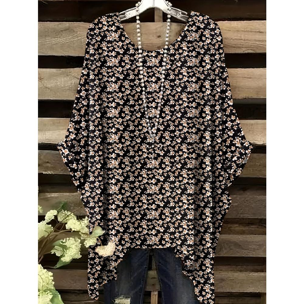 Women T-Shirts Bohemian Vacation Simple Pattern Print Tops Irregular Hemp Round Neck Fashion Versatile Short Sleeve Y2k Clothes