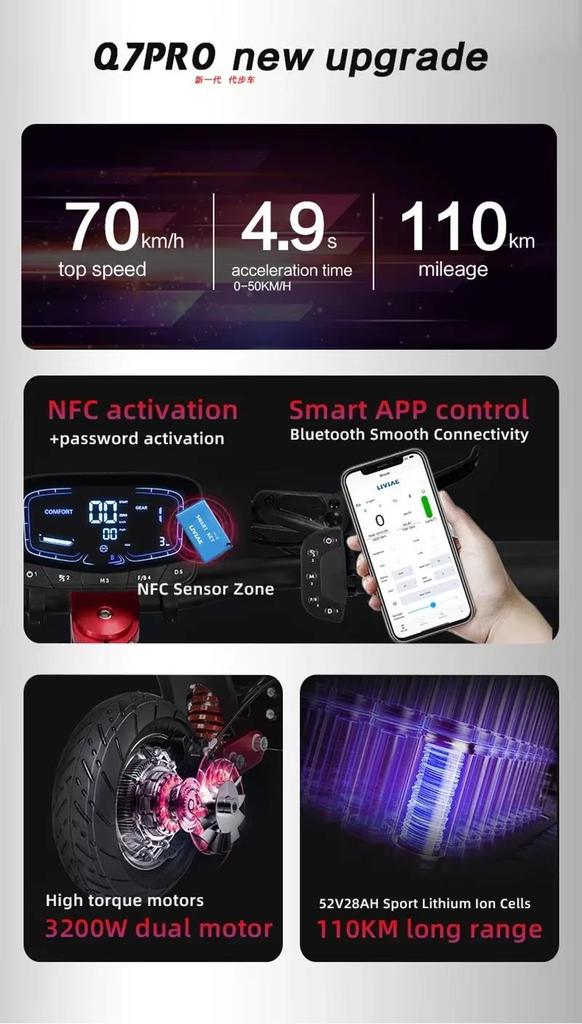 E-skútr BOYUEDA Q7Pro Max E-Scooter 3200W Duální motor 52V28AH Baterie Aktivace NFC Ovládání aplikací E-skútr Tiché pneumatiky Elektrický skútr