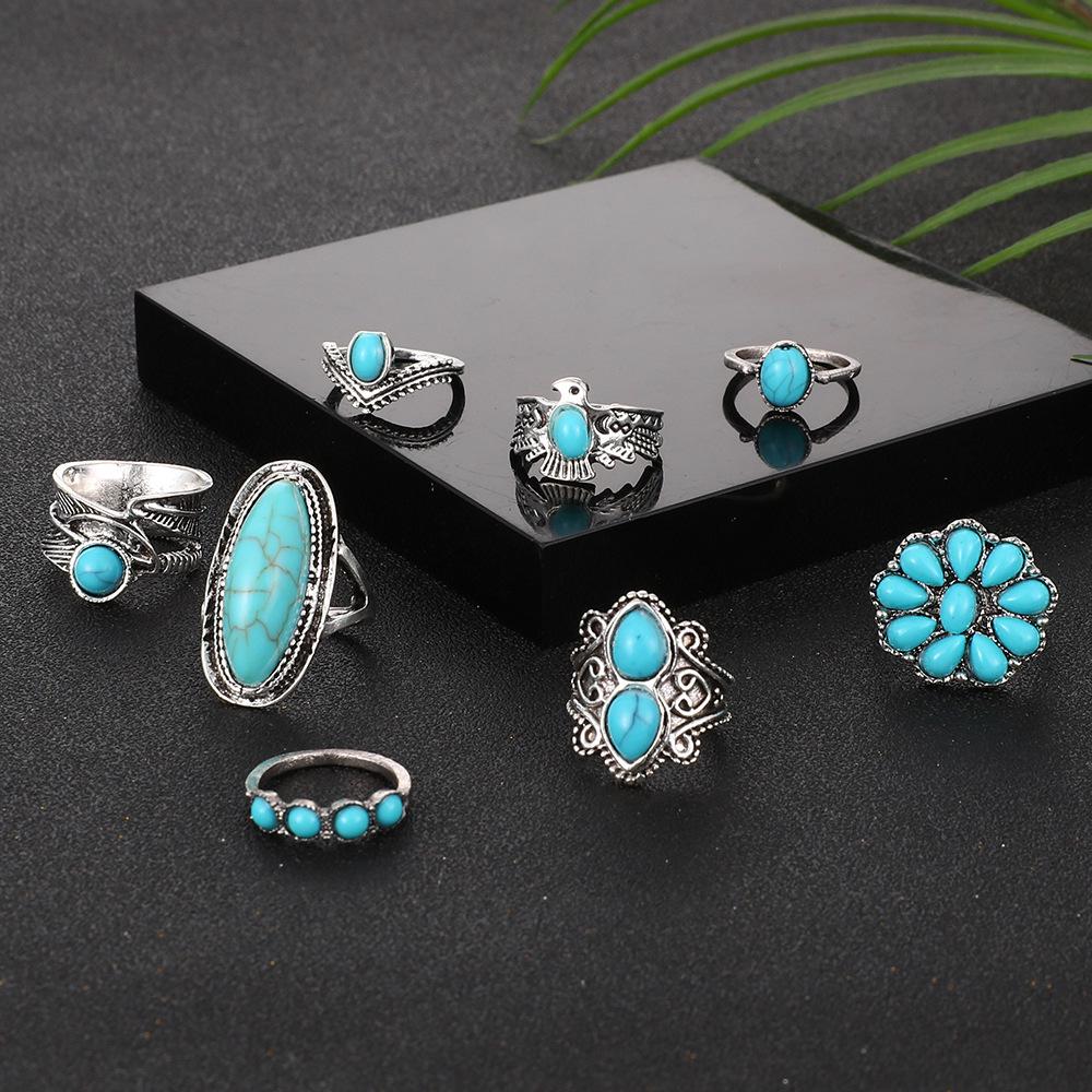 European & American Bohemian Retro Owl Feather Turquoise 8-Piece Ring Set