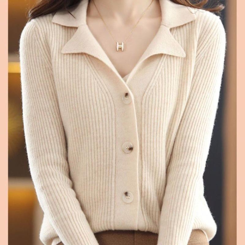 Spring and Autumn New Suit Collar Knitted Cardigan Women's Collar Short Bottom Sweater Jacket Knitted Sweater Outer