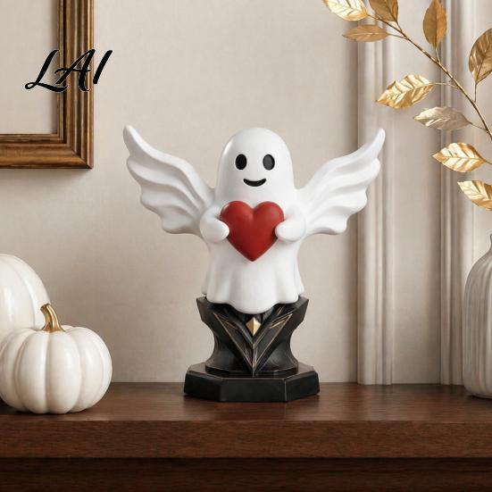 Decorative Sculpture for Office Angel Ghost Statue Smiling Holding Heart Figurine Cute Romantic Valentine Day Gift Halloween Valentine's Home Table
