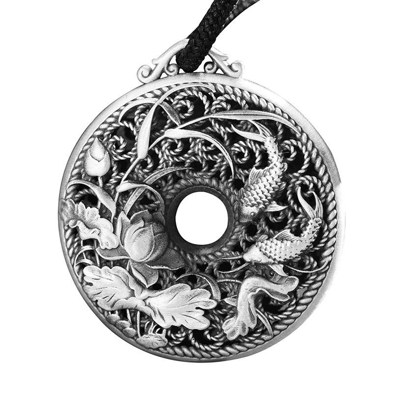 Sterling Silver S999 Unisex Auspicious Cloud & Bat Necklace - Retro Good Luck Peace Buckle Pendant.
