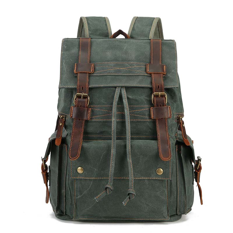 Vintage Distressed Leather Waxed Canvas Backpack Large Capacity Multiple -pockets New Waterproof Drawstring Outdoor Travel Double-Shoulder Bag