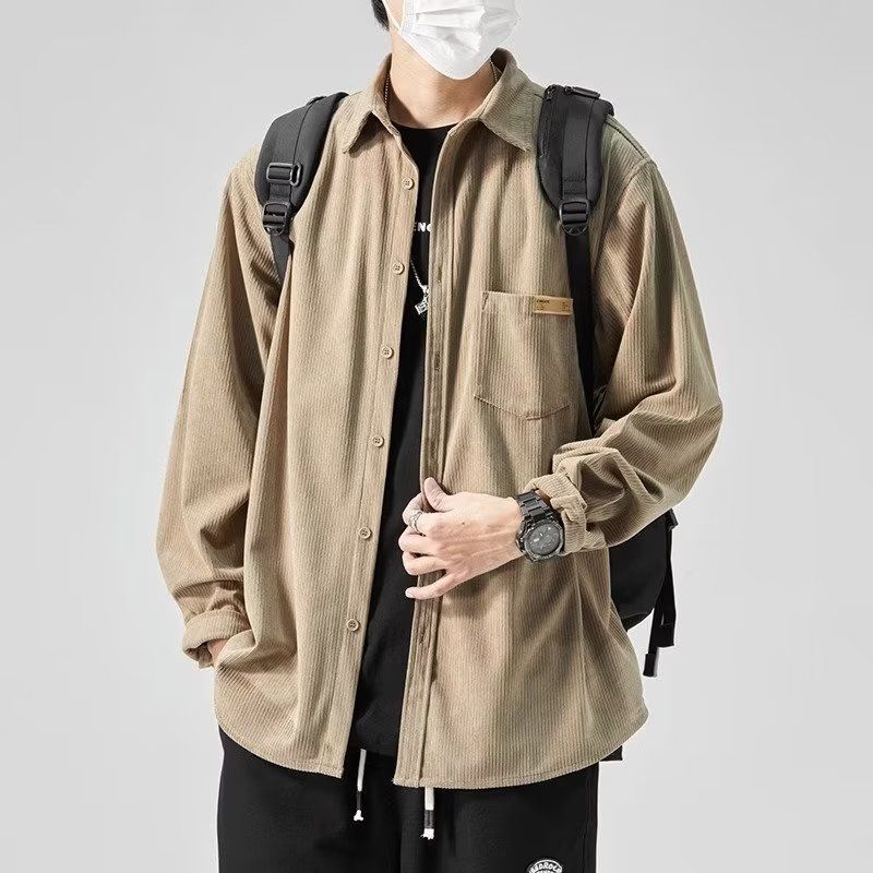 Spring Autumn Men's Loose Casual Shirt with Long-Sleeve Corduroy Top Workwear Style Simple Shirt Men