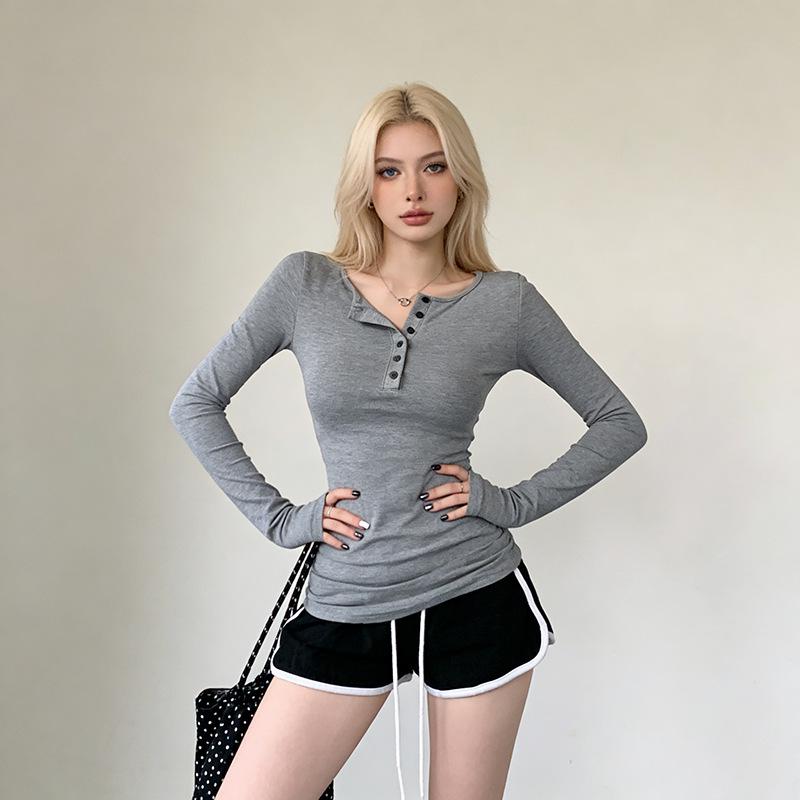 

Women s Slim-Fit Long-Sleeve Button-Up T-Shirt: Cinched Waist, Stylish Half-Open Collar, Versatile Mid-Length Design for Layering or Outerwear. S (Recommended for 80-95 kg) темно серый
