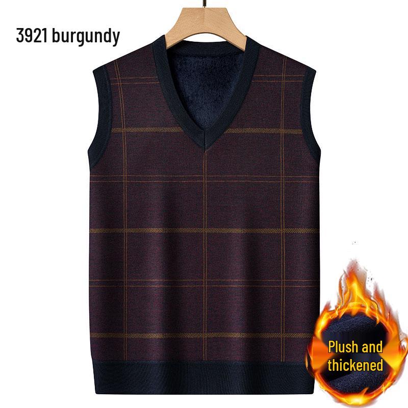 Dad's Fleece-Lined Sweater Vest: Warm Knitted Base Layer for Middle-aged and Elderly Men in Autumn and Winter.