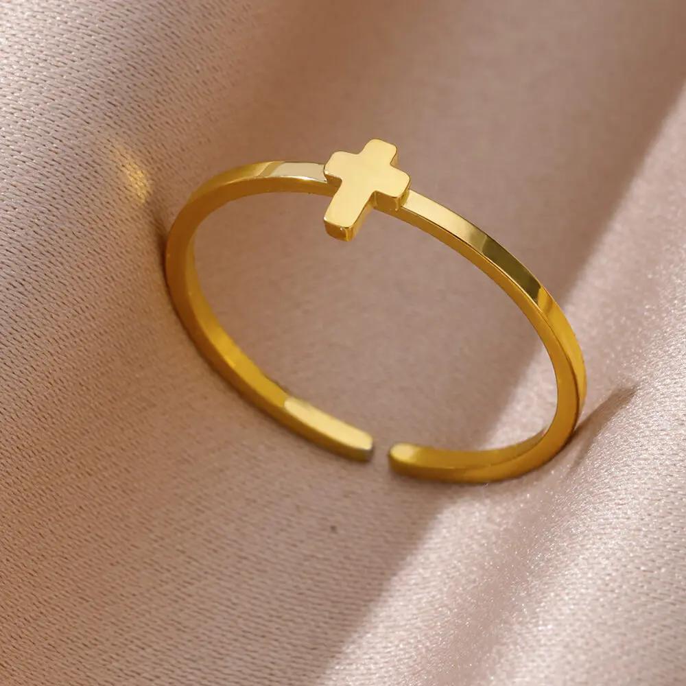 Gold Color Stainless Steel Shell Rings For Women Vintage Oval Blue Stone Adjustable Ring Fashion Party Jewelry Anniversary Gift