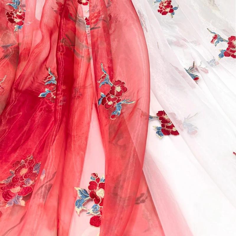 100x150cm Chinese Camellia Embroidery Fabric Gauze Designer for Sewing Ancient Hanfu Dress Horse Face Skirts Stage Costume