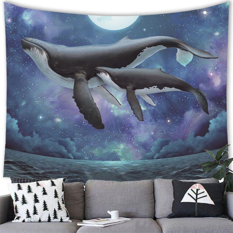 Watercolor Whale Orca Tapestry Starry Sky Ocean Animal Aesthetic Wall Art Bedroom Dorm Living Room Nautical Home Decor
