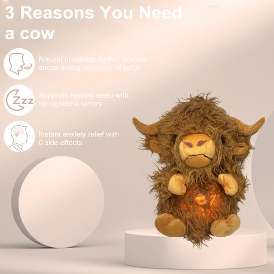 Baby Breathing Highland Cow Plush Toy with Soothing Music Light Musical Cattle Plushie Stuffed Animal Calming Doll Soother Newborn Infant