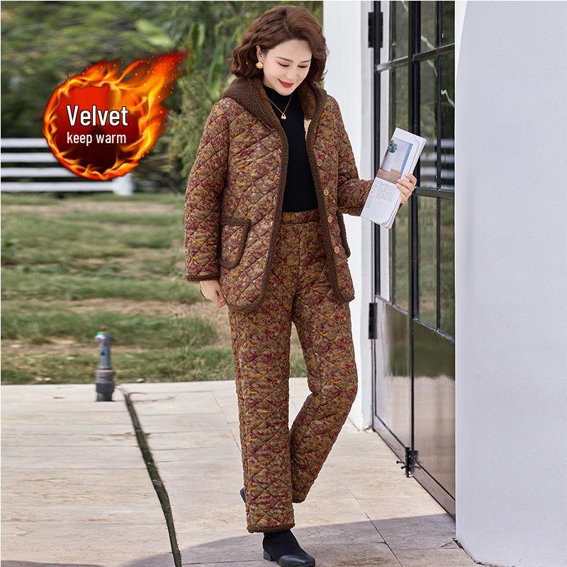 Women's Winter Cotton Two-Piece Set: Fleece-Lined Jacket & Pants for Middle-Aged and Elderly