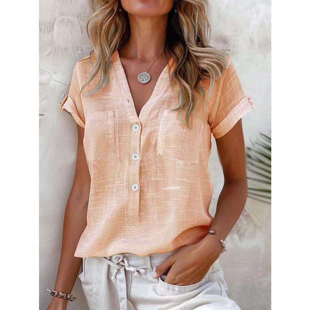 Women's V Neck Half Button Short Sleeve Pocket Loose Fit Solid Color Casual Blouse Summer Daily Basic Shirt