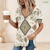 Women Plus Size Ethnic Printed V Neck Ring Zip Short Sleeve Loose Curved Hem Shirt