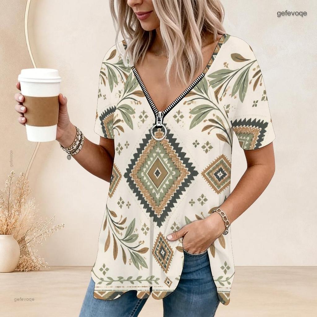 Women Plus Size Ethnic Printed V Neck Ring Zip Short Sleeve Loose Curved Hem Shirt
